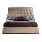 Beige upholstered bed with brown bedding and pillows on a white background