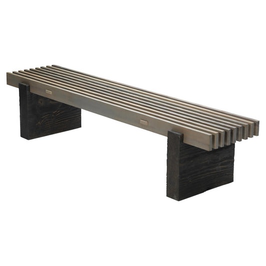 Modern bench with slatted design on a white background