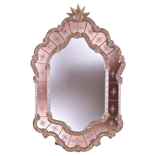 Navagero Murano Glass Wall Mirror – Golden Crystal & Pink-Toned Floral Etchings
