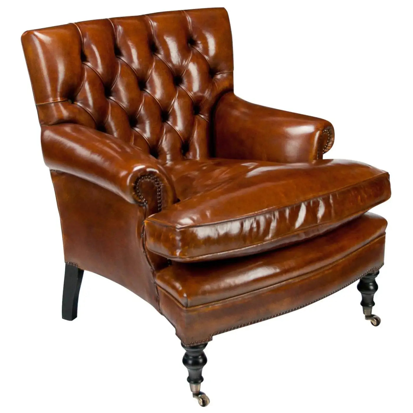 Brown leather armchair with tufted backrest on a white background