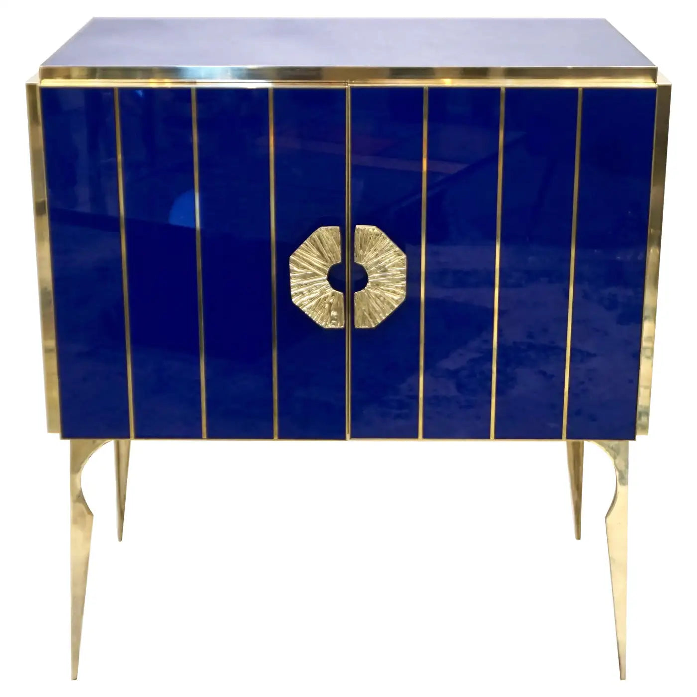 Blue cabinet with gold accents on a white background