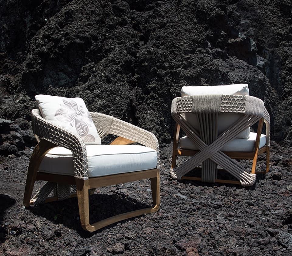 Outdoor Lounge Chairs – Set of 2 in Water-Based Teak with Hand-Woven Polyester Rope