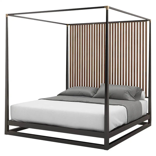 Black metal canopy bed with white bedding on a white background