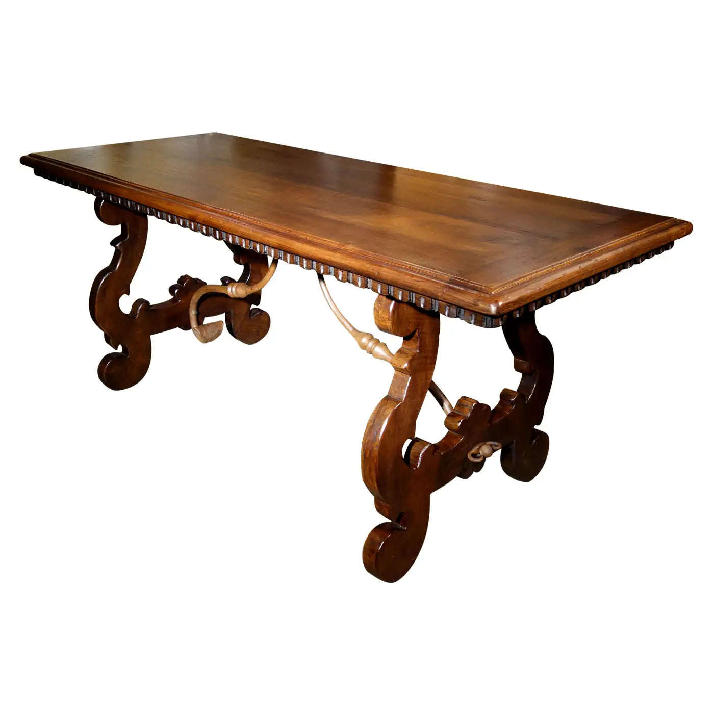 17th Century Style Solid Italian Walnut Refectory Writing Table with Dentil Edge & Lyre Base