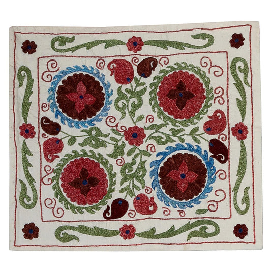 Uzbek Suzani Hand-Embroidered Silk Pillow Case 46 x 46 cm