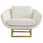 White upholstered chair with gold frame on a white background