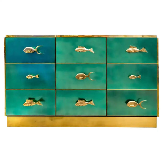Bespoke Italian Art Deco Brass & Emerald Blue-Green Art Glass 9-Drawer Dresser Sideboard