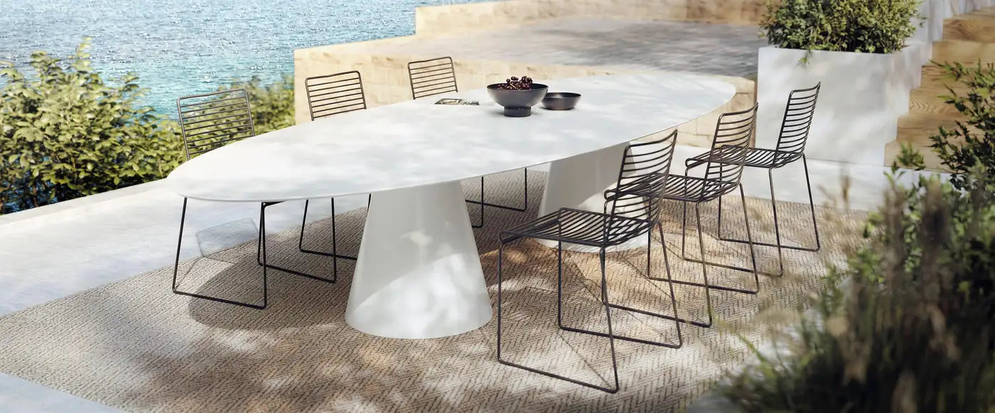 Outdoor Elliptical Dining Table with Brushed Travertine Effect
