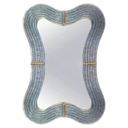 Contemporary Italian Pearl Gray Blue Murano Glass Curved Mirror & Brass Accents