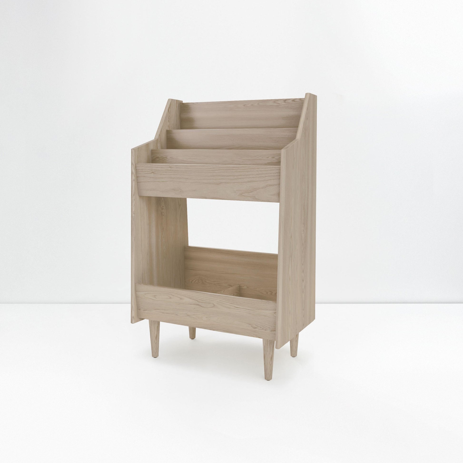Wooden side table with a shelf on a white background