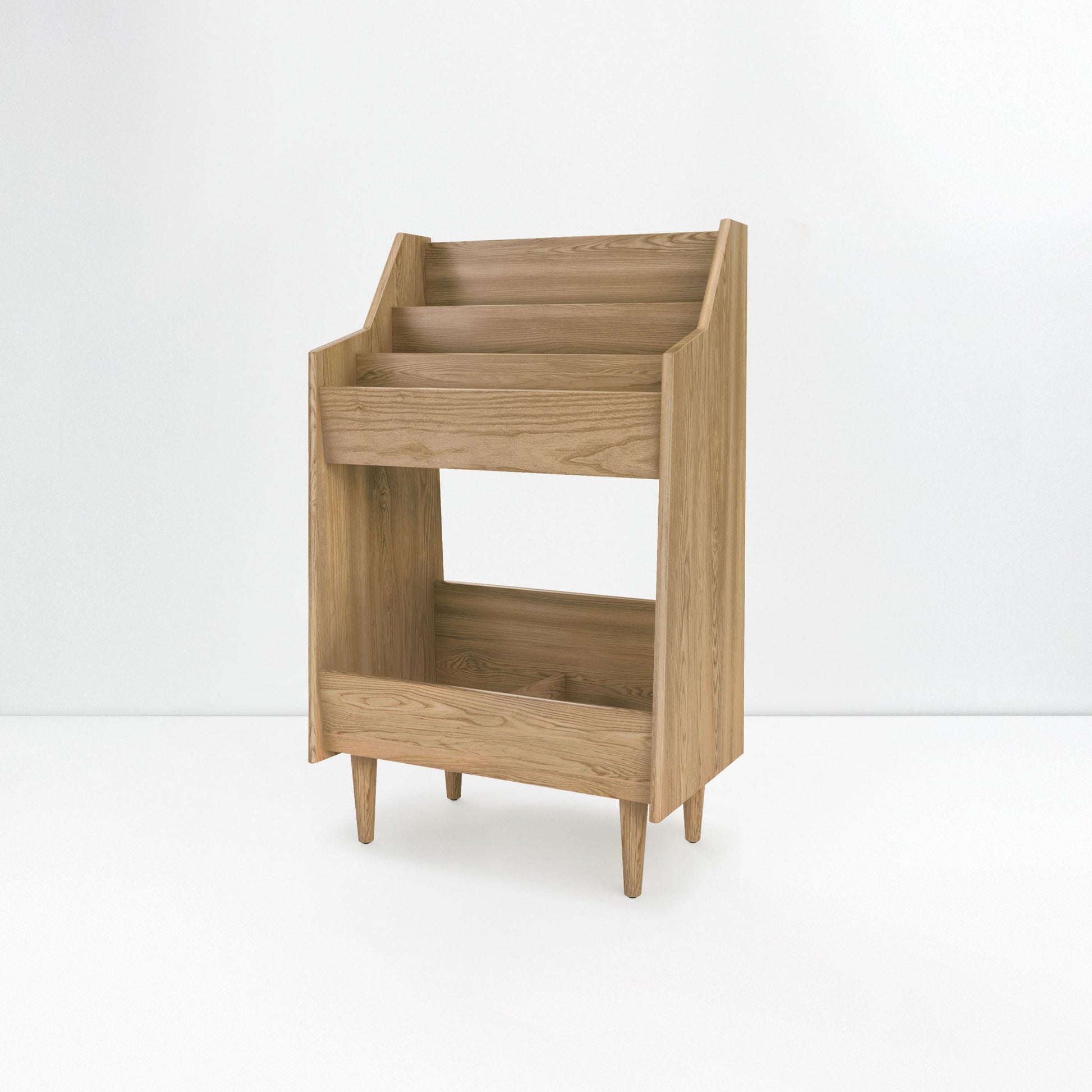 Wooden side table with a drawer on a white background