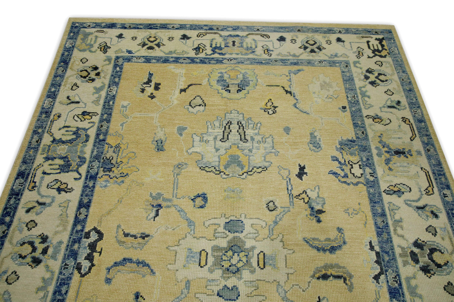 Turkish Oushak Wool Rug – Beige & Blue Handwoven 178 x 259 cm