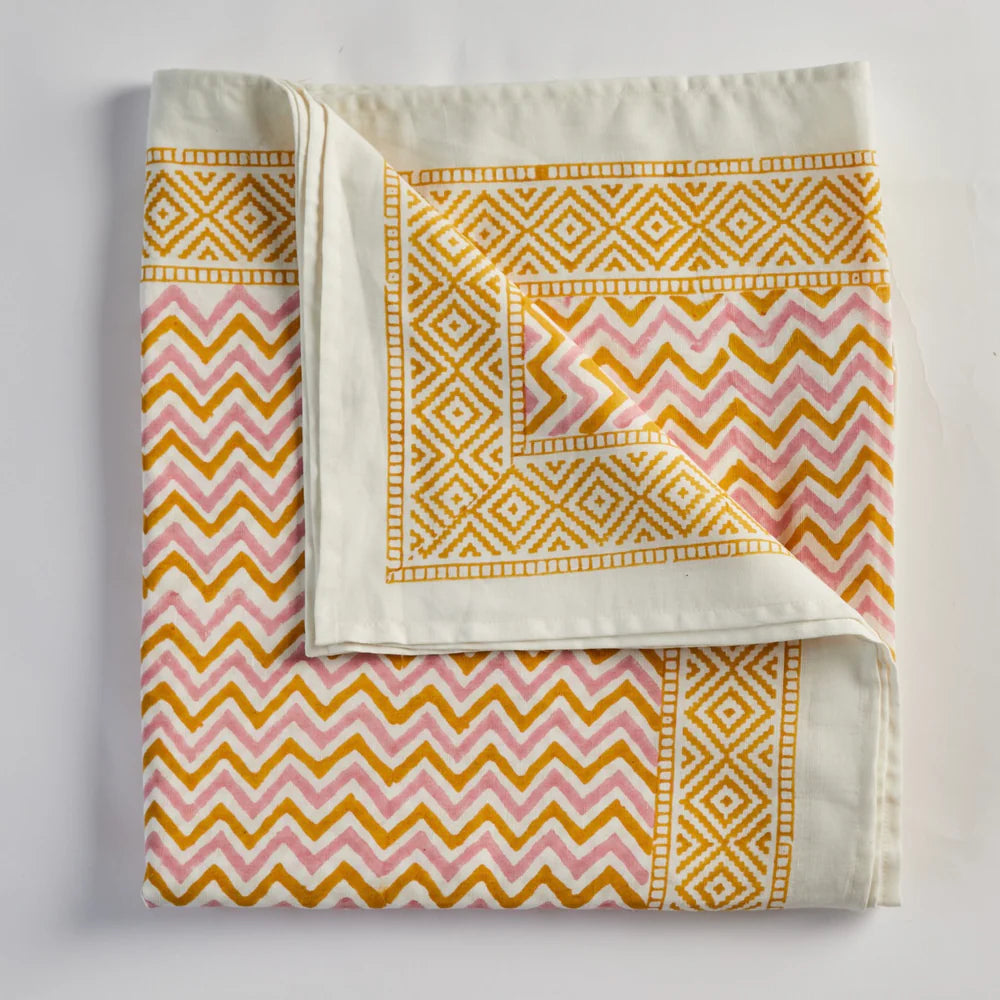 Capri Yellow and Pink Hand Block Printed Cotton Tablecloth – 150 x 300 cm