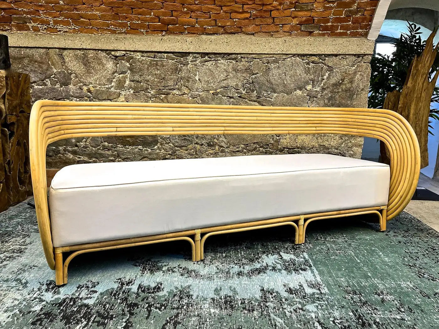 Modern Bamboo Bentwood Three Seat Sofa With White Seating Cushion