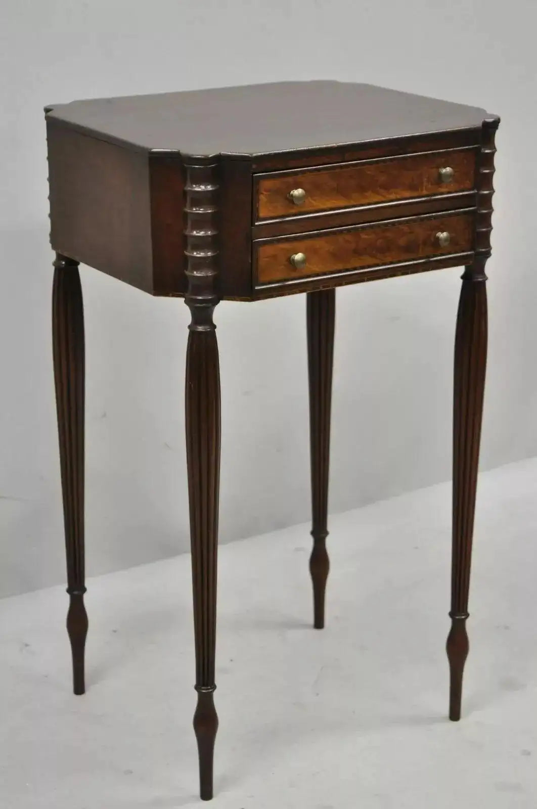 19th C. Antique Leg Burl Wood 2 Drawer Nightstand Side Table