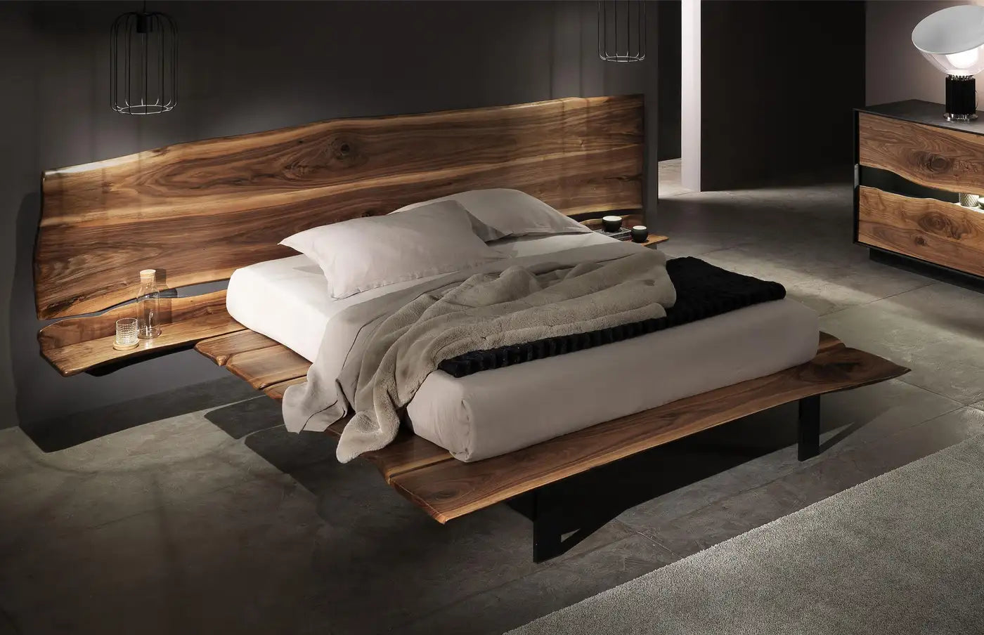Modern bedroom with wooden bed and headboard