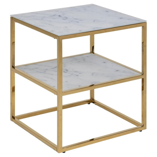 Bedside table Alis, top glass, white marble look/gold legs, H50.5x45x40cm