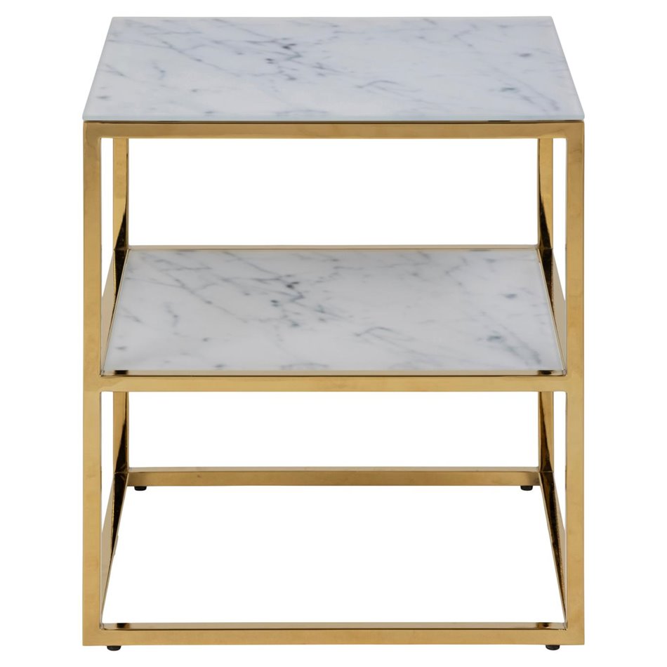 Bedside table Alis, top glass, white marble look/gold legs, H50.5x45x40cm