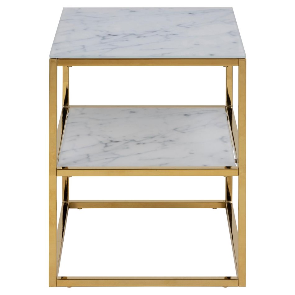 Bedside table Alis, top glass, white marble look/gold legs, H50.5x45x40cm