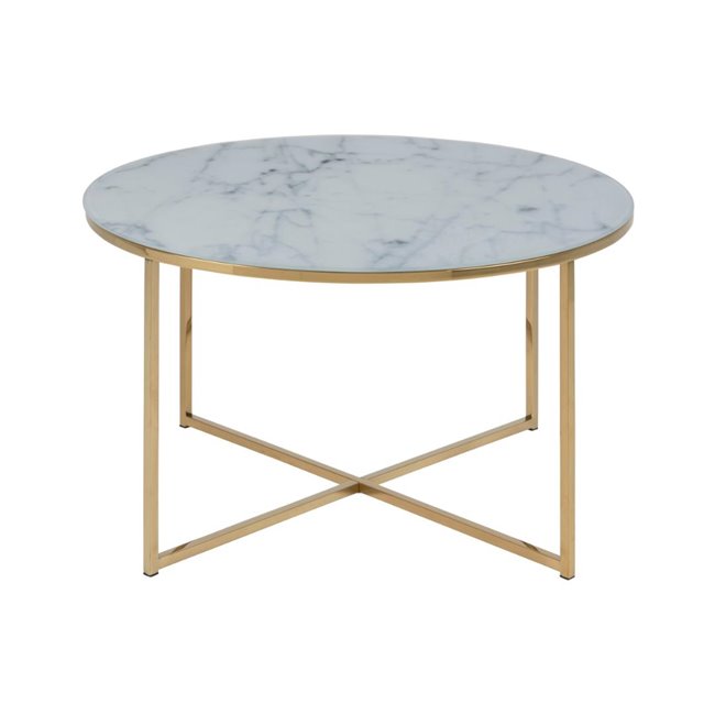 Alis Coffee Table, Glass Top White Marble Look/Gold Legs, 80×80×45 cm