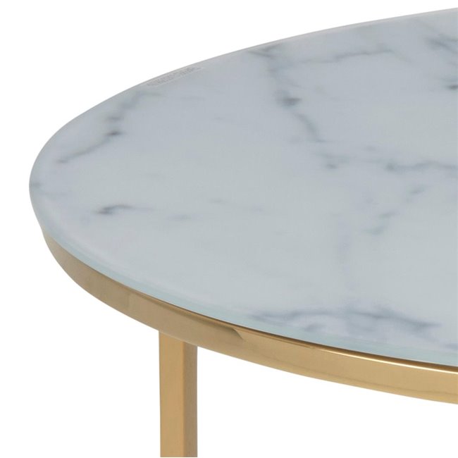 Alis Coffee Table, Glass Top White Marble Look/Gold Legs, 80×80×45 cm