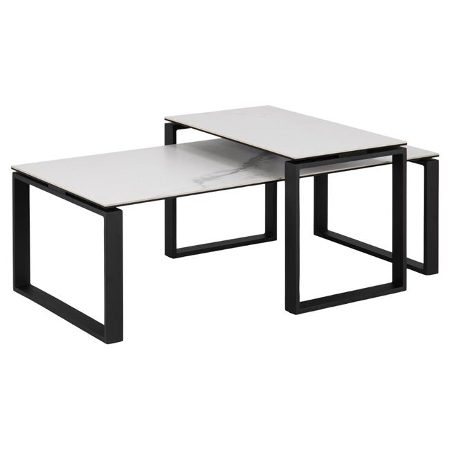 Coffee Table Set – White Glass Top with Black Metal Frame (Set of 2)