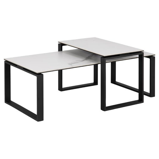 Coffee Table Set – White Glass Top with Black Metal Frame (Set of 2)