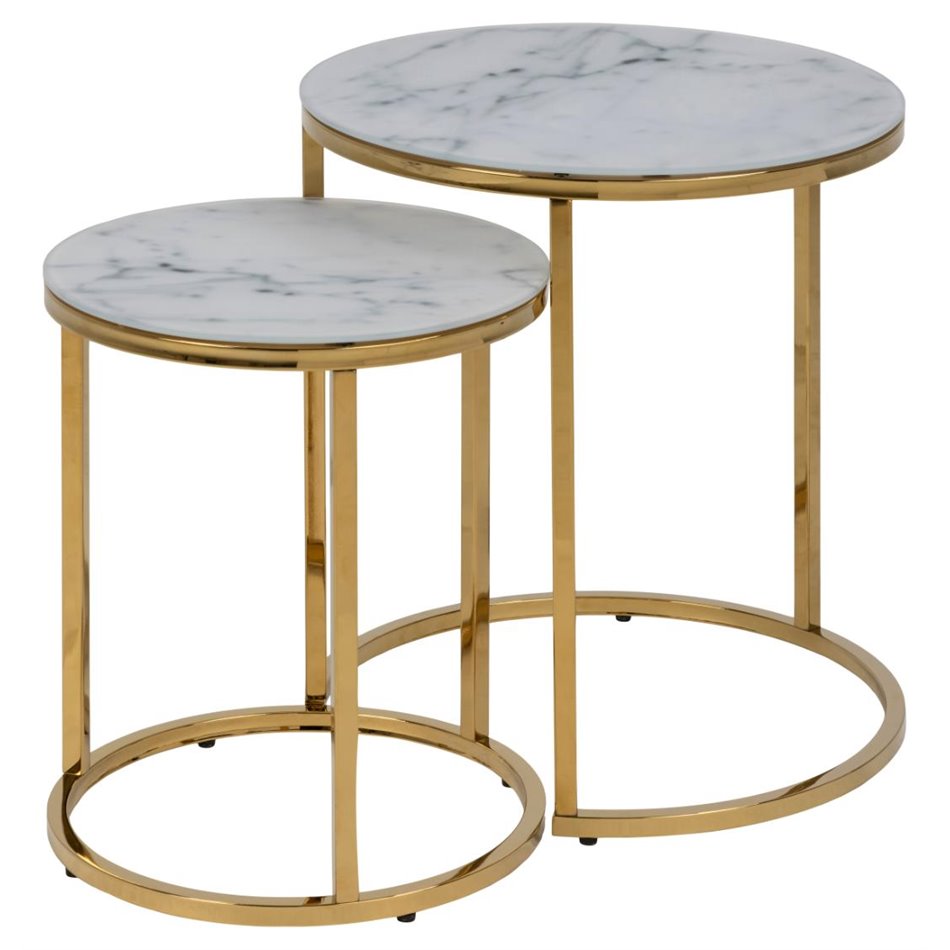Coffee Table Set – White Marble Glass Top with Metal Frame (2 Pieces)