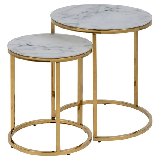 Coffee Table Set – White Marble Glass Top with Metal Frame (2 Pieces)