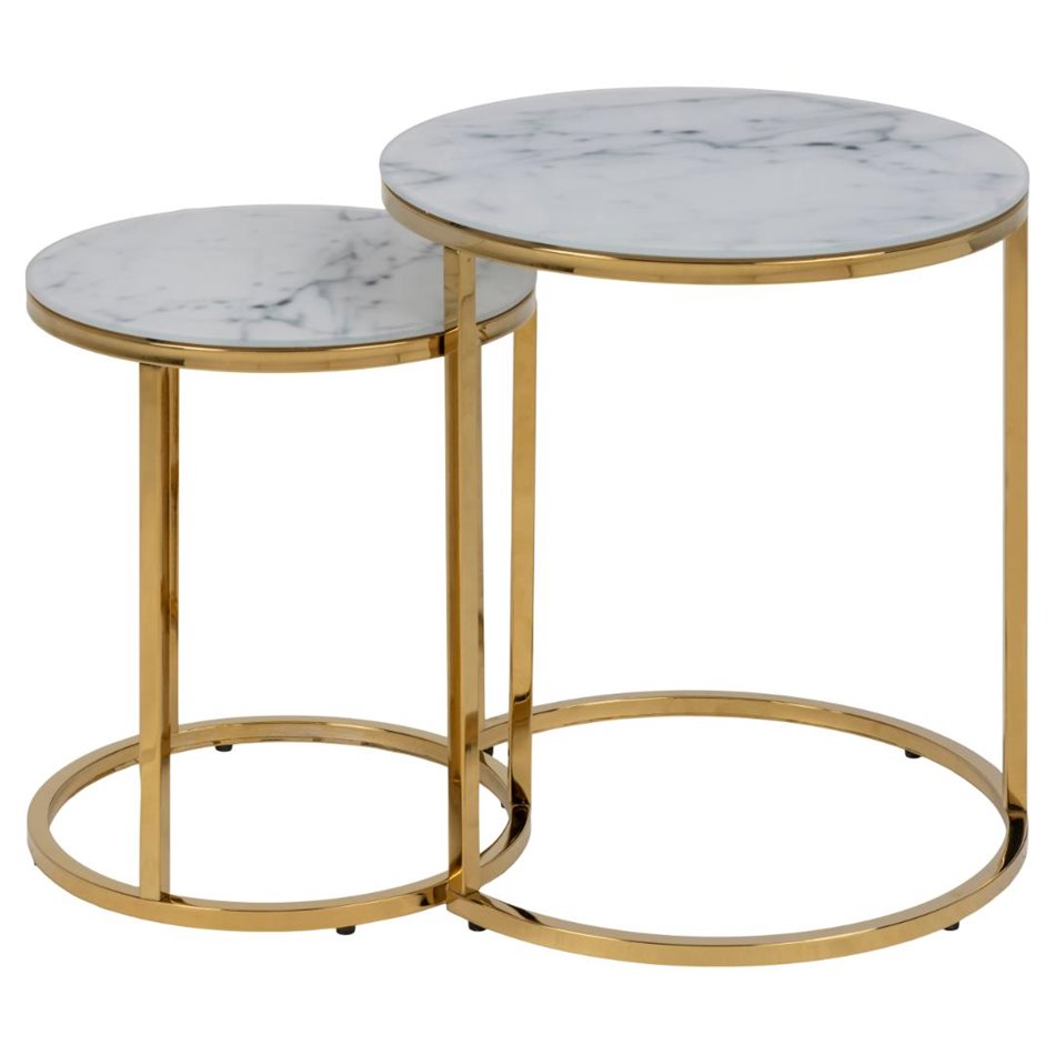Coffee Table Set – White Marble Glass Top with Metal Frame (2 Pieces)