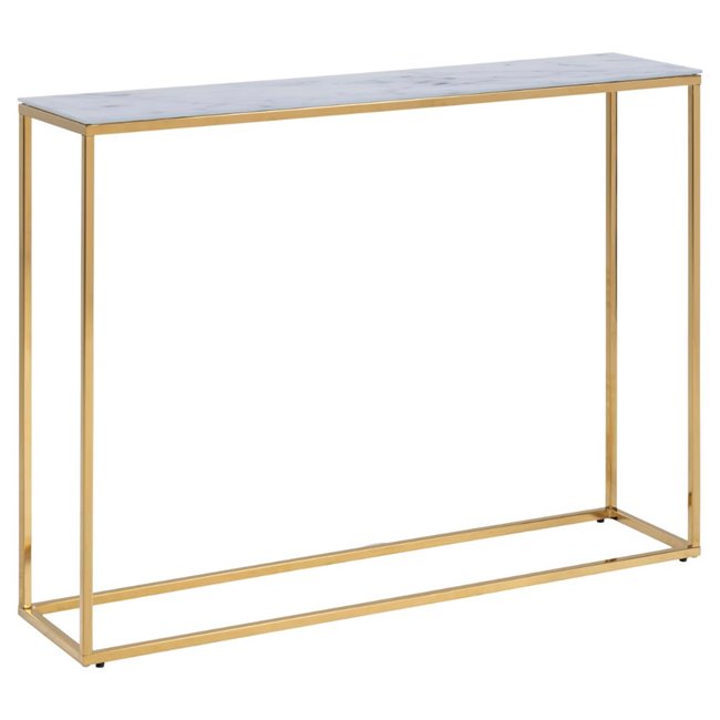 Alis Console Table – White Marble Look Glass Top with Gold Metal Legs