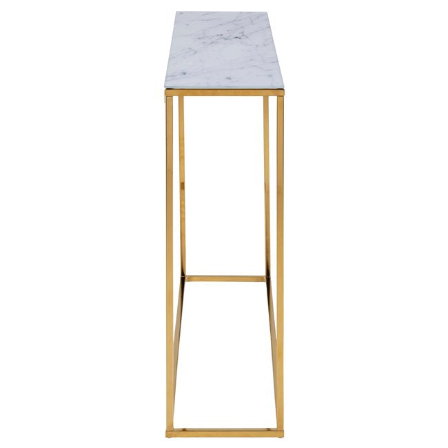 Alis Console Table – White Marble Look Glass Top with Gold Metal Legs