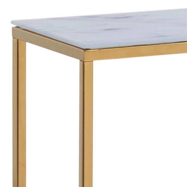 Alis Console Table – White Marble Look Glass Top with Gold Metal Legs
