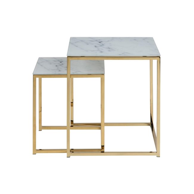 Aisma Nest Table Set – 2-Piece White Marble Glass Top with Gold Metal Legs