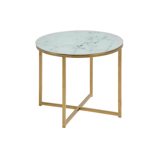 Aisma Side Table – White Marble Glass Top with Gold Metal Legs