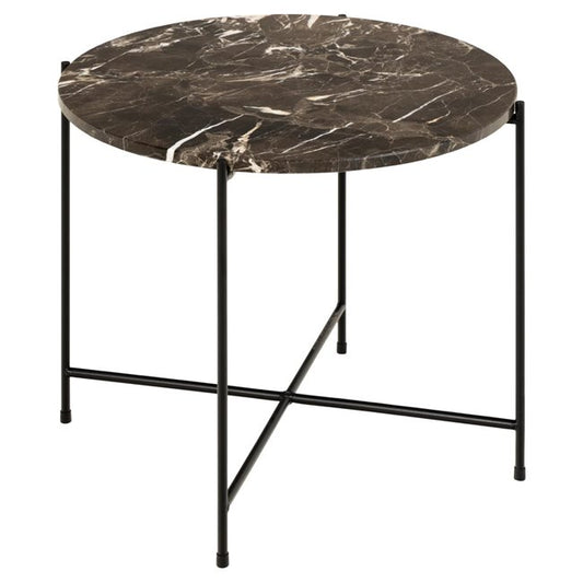 Avila Side Table – Brown Artificial Marble Top with Black Metal Legs