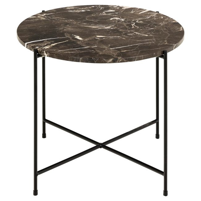 Avila Side Table – Brown Artificial Marble Top with Black Metal Legs
