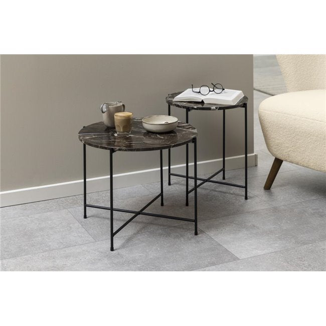 Avila Side Table – Brown Artificial Marble Tops with Black Metal Legs