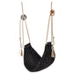 Black woven swing with beige ropes on a white background