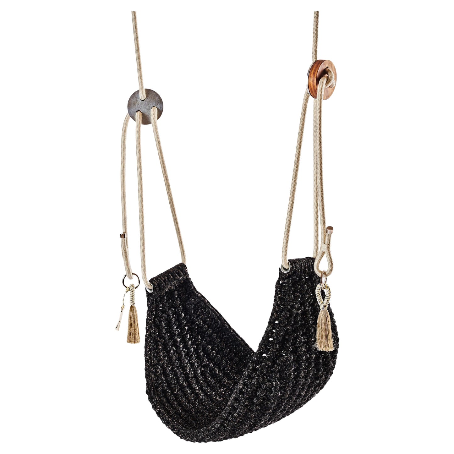 Black woven swing with beige ropes on a white background