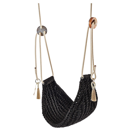 Black woven swing with beige ropes on a white background