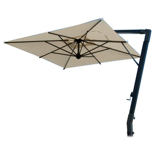Beige patio umbrella with black arm on a white background