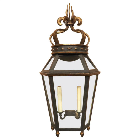 Wrought Iron and Glass Wall Lantern with Crown Finial