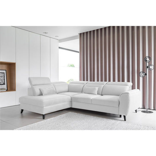 Modern L-Shaped Corner Sofa with Sleeping Function, Textured Velvet, White – Elnoble L