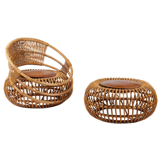Mid-Century Modern Rattan Outdoor Lounge Chair & Ottoman Set – 1956 Bonacina Design