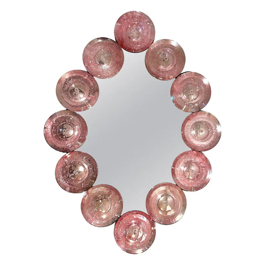 Contemporary Italian Custom Blush Pink Murano Glass Disc Modern Oval Mirror