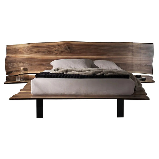 Wooden bed with a headboard on a white background