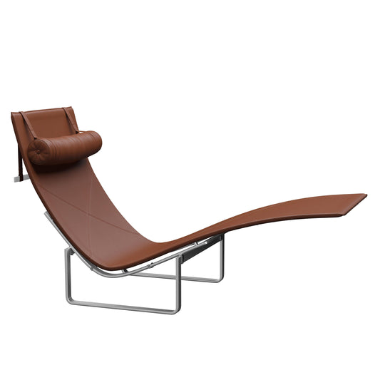 Brown lounge chair with a metal frame on a white background
