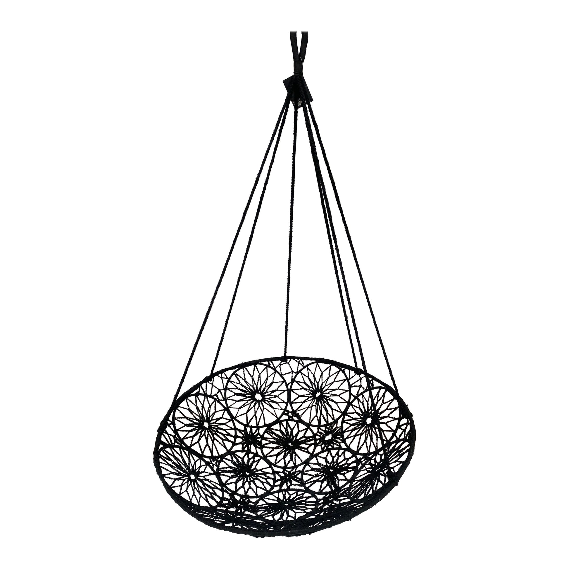 Black woven hanging chair on a white background