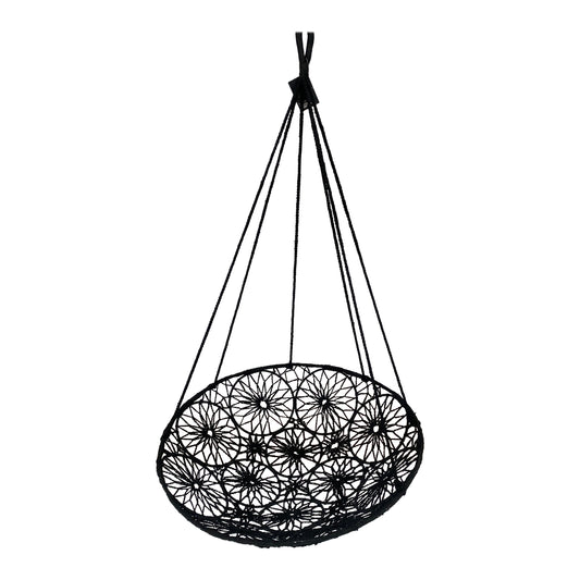 Black woven hanging chair on a white background